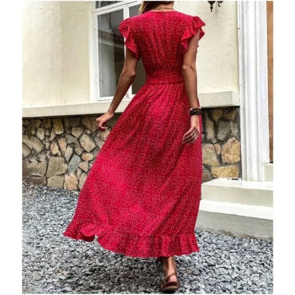 Red  Boho Polka Dot butterfly Sleeve Maxi Dress - Picture 3 of 5